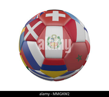 Pallone da calcio con bandiere isolati su sfondo bianco, Perù nel centro, rendering 3D Foto Stock