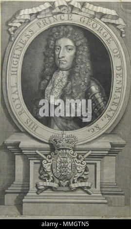 . Inglese: Incisi ritratto di Prince George (Jørgen) di Danimarca e Norvegia, il duca di Cumberland (2 aprile 1653 - 28 ottobre 1708), il principe consorte della regina Anna di Gran Bretagna, da R. Sheppard dopo R. bianco, metà del XVIII secolo . pubblicato 1733. Robert Sheppard (incisore) dopo Robert White George di Danimarca, da Sheppard Foto Stock