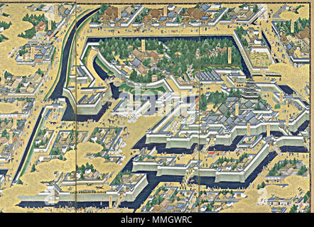 . 'Vista di Edo' (Edo zu) coppia di sei-pannello schermi di piegatura (XVII secolo). In alto al centro del primo pannello a sinistra dello schermo. Enciente centrale del castello di Edo, torre di castello, Bairinzaka, Hirakawaguchi Gate. . Il XVII secolo. Edo sconosciuto P dettaglio Foto Stock