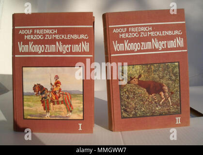 . Adolf Friedrich Herzog von Mecklenburg: Vom Kongo zum Niger und nullo. Berichte der deutschen Zentralafrika-Expedition 1910/1911. Mit 512 bunten und einfarbigen Abbildungen nach Photographien und Zeichnungen, sowie mit 6 Karten. Leipzig, Brockhaus, 1912. Erste Ausgabe/Prima edizione. Einbandillustrationen von Ernst M. Heims (1886-1922). . 1910-1912, foto: 2008. Copertina: Ernst M. Heims (1886-1922) Adolf Friedrich Herzog von Mecklenburg - Vom Kongo zum Niger und nullo, 1912 Foto Stock