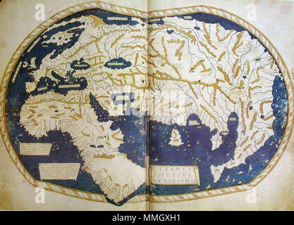 . Inglese: la mappa del mondo di 'Henricus Martellus Germano" (Heinrich Hammer il tedesco), Firenze, c. 1489. 300 x 470 mm. La prima mappa con la coda di drago. Si tratta di una miscela di Tolomeo, recenti scoperte portoghese e fonti sconosciute. Visualizza il Capo di Buona Speranza, arrotondata da Bartolomeo Dias nel 1488. Deutsch: Weltkarte des de:Henricus Martellus Germano . tra 1490 e 1492. Tolomeo (???????? ??????????, Claudius Ptolemaeus) Henricus Martellus' Mappa del Mondo Foto Stock