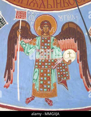. Inglese: affresco di Arcangelo Uriel presso la chiesa dell'Assunzione in Lez'je-Sologubovka, area di San Pietroburgo, Russia. Македонски: Архангел Урил на фреска. . 17 novembre 2003, 13:41:07. Affresco anonimo di Arcangelo Uriel Foto Stock