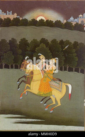 . Inglese: Baz Bahadur e Rupmati, Provinciale Mughal (Murshidabad) Fonte di stile: India Office Library, stampe a colori, No. 17: Provinciale di Mughal Pittura: Baz Bahadur e Rupmati. Eseguire la scansione mediante FWP, Sett. 2001. "Baz Bahadur, Pathan dominatore di Malwa, India centrale, a guidare di notte con la sua padrona, l'Hindu cortigiana Rupmati. Murshidabad, c.1760. 21,5 x 14 cm. Gouache su carta. India Office Library. Un tema popolare nella successiva pittura indiana è stata la storia romantica di Baz Bahadur, la cui padrona si suicidò quando egli fuggì a essere sconfitto da un esercito di Mughal in 1561.' . circa 1761. (Murshidab Foto Stock