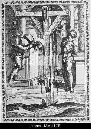 . Inglese: Xilografia dalla tempesta che mostra una tortura/esecuzione scena di martiri da Gallonio 'torture e tormenti di martiri cristiani' . Prima pubblicazione: Roma 1591 / scansioni da una ristampa del 1904. la xilografia da Antonio Tempesta Gallonio torture 1591 p05 Foto Stock