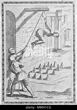 . Inglese: Xilografia dalla tempesta che mostra una tortura/esecuzione scena di martiri da Gallonio 'torture e tormenti di martiri cristiani' . Prima pubblicazione: Roma 1591 / scansioni da una ristampa del 1904. la xilografia da Antonio Tempesta Gallonio torture 1591 p10 Foto Stock