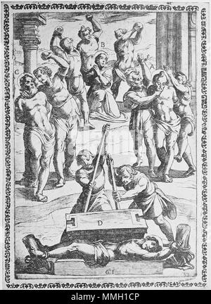 . Inglese: Xilografia dalla tempesta che mostra una tortura/esecuzione scena di martiri da Gallonio 'torture e tormenti di martiri cristiani' . Prima pubblicazione: Roma 1591 / scansioni da una ristampa del 1904. la xilografia da Antonio Tempesta Gallonio torture 1591 p15 Foto Stock