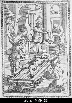 . Inglese: Xilografia dalla tempesta che mostra una tortura/esecuzione scena di martiri da Gallonio 'torture e tormenti di martiri cristiani' . Prima pubblicazione: Roma 1591 / scansioni da una ristampa del 1904. la xilografia da Antonio Tempesta Gallonio torture 1591 p23 Foto Stock