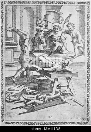 . Inglese: Xilografia dalla tempesta che mostra una tortura/esecuzione scena di martiri da Gallonio 'torture e tormenti di martiri cristiani' . Prima pubblicazione: Roma 1591 / scansioni da una ristampa del 1904. la xilografia da Antonio Tempesta Gallonio torture 1591 p29 Foto Stock