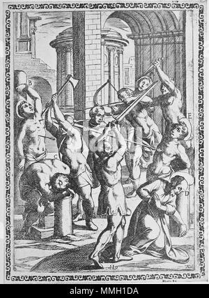 . Inglese: Xilografia dalla tempesta che mostra una tortura/esecuzione scena di martiri da Gallonio 'torture e tormenti di martiri cristiani' . Prima pubblicazione: Roma 1591 / scansioni da una ristampa del 1904. la xilografia da Antonio Tempesta Gallonio torture 1591 p30 Foto Stock