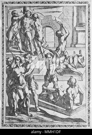 . Inglese: Xilografia dalla tempesta che mostra una tortura/esecuzione scena di martiri da Gallonio 'torture e tormenti di martiri cristiani' . Prima pubblicazione: Roma 1591 / scansioni da una ristampa del 1904. la xilografia da Antonio Tempesta Gallonio torture 1591 p34 Foto Stock