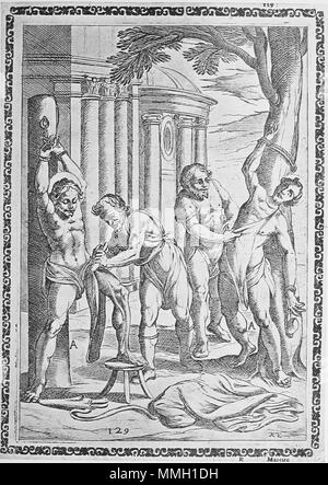 . Inglese: Xilografia dalla tempesta che mostra una tortura/esecuzione scena di martiri da Gallonio 'torture e tormenti di martiri cristiani' . Prima pubblicazione: Roma 1591 / scansioni da una ristampa del 1904. la xilografia da Antonio Tempesta Gallonio torture 1591 p35 Foto Stock