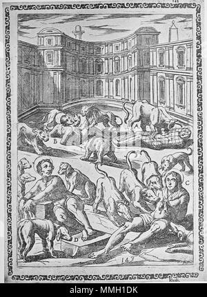 . Inglese: Xilografia dalla tempesta che mostra una tortura/esecuzione scena di martiri da Gallonio 'torture e tormenti di martiri cristiani' . Prima pubblicazione: Roma 1591 / scansioni da una ristampa del 1904. la xilografia da Antonio Tempesta Gallonio torture 1591 p38 Foto Stock