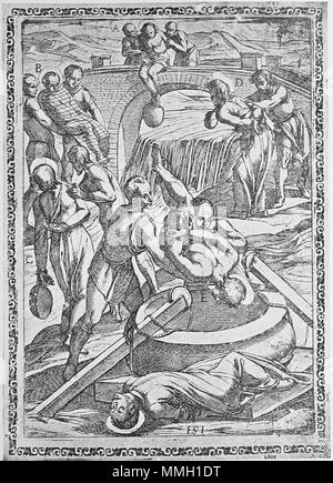 . Inglese: Xilografia dalla tempesta che mostra una tortura/esecuzione scena di martiri da Gallonio 'torture e tormenti di martiri cristiani' . Prima pubblicazione: Roma 1591 / scansioni da una ristampa del 1904. la xilografia da Antonio Tempesta Gallonio torture 1591 p42 Foto Stock