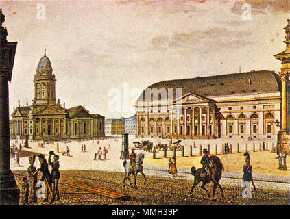 Deutsch: Der Gendarmenmarkt a Berlino mit altem Schauspielhaus und Deutschen Dom. Inglese: Gendarmenmarkt a Berlino. circa 1815. Berlin Gendarmenmarkt 1815 Foto Stock