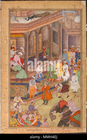 . Akbar saluto Rajput di righelli e altri nobili a corte, 1577 Dal Akbarnama Akbar saluto Rajput di righelli e altri nobili a corte, 1577 Dal Akbarnama. circa 1590-95. 5 1577-Akbar saluto Rajput di righelli e altri nobili a corte-Akbarnama Foto Stock