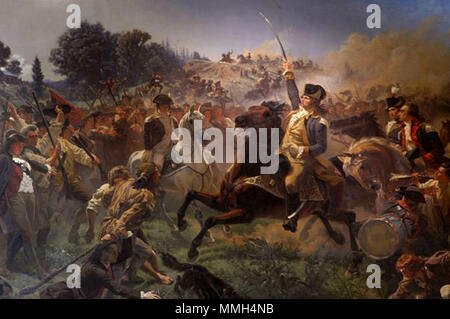 . Pittura intitolato Washington mobilitare truppe a Monmouth; raffigura George Washington al 1778 Battaglia di Monmouth. In 1857, Leutze dipinta una copia a un terzo di questa dimensione per il Monmouth County associazione storica. Washington mobilitare truppe a Monmouth. tra circa 1851 e circa 1854. BattleofMonmouth Foto Stock