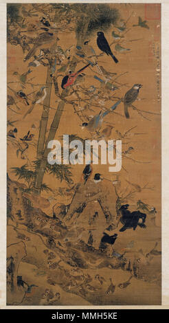 . Il dipinto raffigura il "tre amici dell' inverno-rappresentato da un bosco di pini e di bambù e prugna Fiore-e vari uccelli (molti dei quali ha essere identificati a specifiche specie di uccelli). Vedere i riferimenti per ulteriori informazioni. Tre amici e un centinaio di uccelli ????. 1413. Bian Wenjin, tre amici e un centinaio di uccelli Foto Stock
