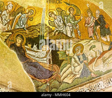 . Inglese: la nascita di Cristo, mosaico nel monastero di Dafni Ελληνικά: η γέννηση του Χριστού, τοιχογραφία από τη Μονή Δαφνίου Deutsch: Mosaiken der Kirche von Dafni, Szene: Christi Geburt . Xi secolo. Gennisi sconosciuto-dafni Foto Stock