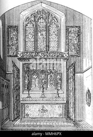 . Inglese: un disegno, da Augusto Pugin, dell'alter nella sua casa del Vescovo di Birmingham in Inghilterra, da Pugin il presente stato di architettura ecclesiastica. . Prima di 1844. Augustus Pugin (1812-1852) nomi alternativi Augustus Welby Northmore Pugin; A. W. N. Descrizione Pugin architetto britannico Data di nascita e morte 1 Marzo 1812 14 Settembre 1852 Luogo di nascita e morte Bloomsbury Ramsgate competente controllo : Q313288 VIAF:?ISNI 17247761:?0000 0000 8096 1987 ULAN:?500008414 LCCN:?n50027100 NLA:?35435757 WorldCat alfieri di casa, Birmingham - altare, da Augusto Pugin Foto Stock