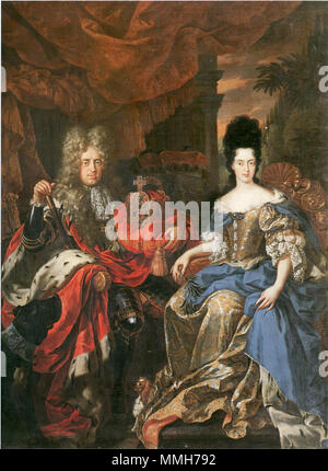 . Deutsch: Der Kurfürst Johann Wilhelm von Pfalz-Neuburg und die Kurfürstin Anna Maria Luisa. Inglese: Ritratto di Johann Wilhelm II (19 Aprile 1658 - 8 giugno 1716), Elettore Palatino, e della sua seconda consorte Anna Maria Luisa de' Medici (11 agosto 1667 - 18 febbraio 1743). Doppio ritratto di Johann Wilhelm von der Pfalz e Anna Maria Luisa de' Medici. prima del 1708. Jan Frans van Douven, Doppelbildnis Johann Wilhelm von der Pfalz und Anna Maria Luisa de' Medici (1708) Foto Stock