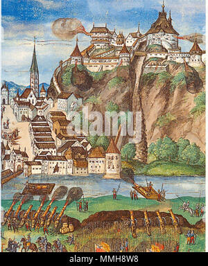 . Kufstein: Belagerung durch kaiserliche Truppen im Oktober 1504 Aquarell . Il XVI secolo. Unknown 16 339Kufstein Belagerung Foto Stock