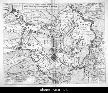 . Nederlands: nel 1649, een jaar na de Vrede van Münster, publiceerde Joan Blaeu (1596-1673) een atlas van steden en vestingen in de Noordelijke en de Zuidelijke Nederlanden. Tot dit zogenaamde stedenboek behoorde deze kaart van 's-Hertogenbosch ten tijde van de belegering en verovering van de stad porta Frederik Hendrik nel 1629. De onbekende kartograaf heeft veel aandacht voor de belegeringswerken die door Frederik Hendrik rondom de stad waren aangelegd. Inglese: nel 1649, un anno dopo la pace di Westphalen, Joan Blaeu (1596-1673) ha pubblicato un atlante con città e fortificazioni nel Sou Foto Stock