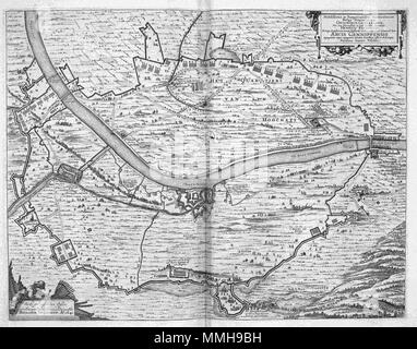 . Nederlands: Deze kaart van de Franse kartograaf N. Renaud werd gemaakt naar aanleiding van de belegering en verovering van Gennep nel 1641. Rondom de stad zien noi de belegeringswerken en de posities van de Nederlandse legerkorpsen onder leiding van Frederik Hendrik. Inglese: questa mappa dal cartografo Francese N. Renaud è stata creata come risultato di un assedio e la cattura di Gennep nel 1641. La città è circondata da macchine da assedio e le truppe olandesi guidato da Frederik Hendrik. Rechtsboven een opdracht van Claes Jansz. Visscher aan de Staten Generaal. [Belegering van Gennep] Autore: Suor Renaudud Foto Stock