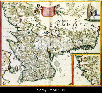 . Nederlands: Deze kaart van de zuidelijke provincies van Zweden werd porta uitgegeven Frederik de Wit (1630-1706). De Wit ha avuto de kaart gekopieerd naar een voorbeeld uit de Atlas Maior van Joan Blaeu (1598-1673). Blaeu op zijn beurt aveva zijn informatie ontleend aan een grote kartering van het Deense rijk - waartoe ook Zuid-Zweden hoorde - waaraan vanaf 1630 jarenlang werd gewerkt.; Rechtsonder een inzet GOTIAE PARS. Inglese: questa mappa delle province meridionali della Svezia è stata pubblicata da Frederik de Wit (1630-1706). De Wit ha copiato la mappa dopo uno in Atlas Maior (1662) Pubblicato da Joan Blaeu Foto Stock