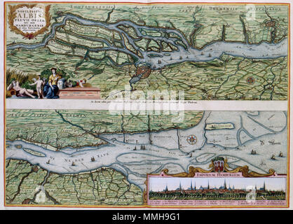 . Nederlands: Deze kaart van de Elba en de stad Amburgo werd porta gepubliceerd Nicolaes Visscher II (1649-1702).; Rechtsonder het onderste kaartdeel een stadsprofiel EMPORIUM HAMBURGUM Inglese: Questa mappa del fiume Elba e la città di Amburgo è stato pubblicato da Nicolaes Visscher II (1649-1702). NOBILISSIMI ALBIS FLUVII OSTIA, nec non HAMBURGENSE et alia Territoria adjacentia. dopo il 1681. Atlas Van der Hagen-KW1049B10 067-NOBILISSIMI ALBIS FLUVII OSTIA, nec non HAMBURGENSE et alia Territoria adjacentia Foto Stock