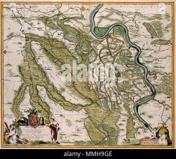 . Nederlands: Deze kaart van het graafschap Meurs werd porta uitgegeven Frederik de Wit (1630-1706). Voor de afbeelding maakte De Wit waarschijnlijk gebruik van een oudere Nederlandse di Duitse bron. Inglese: questa mappa della contea di Meurs fu pubblicato da Frederik de Wit (1630-1706). Per l'immagine della mappa, De Wit possono avere utilizzato i vecchi olandese o tedesco fonti. Illustrissimo Celsissmo Principi GUILIELMO HENRICO D.G. Arausionum Principi Domino Clementissimo suo Hanc COMITATUS MEURSENSIS et Annexarum Dinastiarum. dopo il 1688. Autore: Accuratatam Tabulam humillime Offert A. von Heurdt Editore: Foto Stock