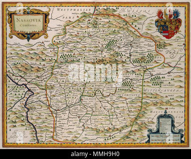 . Nederlands: Deze kaart van Salomon Rogiers geboren (ca. 1592) van het graafschap Nassau werd uitgegeven nel 1630 porta Willem Jansz. Blaeu (1571-1638). Blaeu era de koperplaat voor deze kaart nel 1629 opgekocht uit de nalatenschap van Jodocus Hondius II. Inglese: questa mappa da Salomon Rogiers (nato c. 1592) della contea di Nassau è stata pubblicata da Willem Jansz. Blaeu (1571-1638) nel 1630. Blaeu aveva acquistato la piastra di rame per questa mappa dal retaggio di Jodocus Hondius II nel 1629. NASSOVIA Comitatus. 1630. Atlas Van der Hagen-KW1049B10 087-Comitatus NASSOVIA Foto Stock