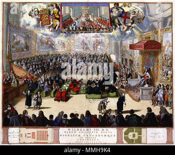 . Nederlands: Op deze plaat uit 1689 heeft Romeyn de Hooghe (1645-1708) een zitting van het Engelse Lagerhuis in beeld gebracht. Willem III è inmiddels gekroond en bezet de koningstroon rechts op de afbeelding. Op de inzet boven aan de plaat zien abbiamo een zitting van het Hogerhuis. Willem III zit daar op de achtergrond op de troon.; Onder aan de prent de titel; ter linkerzijde daarvan: De PLATTE GROND van het HOOGER HUYS van Engeland; ter rechterzijde: De PLATTE GROND van het LAGER HUYS van Engeland. Boven aan de prent, in het midden van de afbeelding een inzet: HET HOOG EN LAGER HUYS VAN ENGE Foto Stock