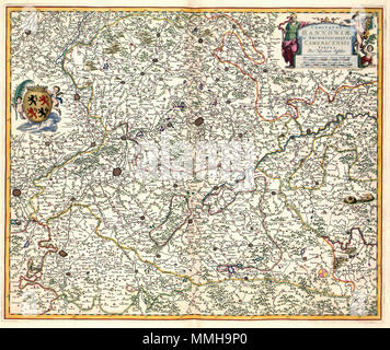 . Nederlands: Deze kaart van het graafschap Hainaut werd porta uitgegeven Nicolaes Visscher I (1608-1679). Als bron greep Visscher waarschijnlijk terug op Nederlands en Vlaams kaartmateriaal dat in de eerste helft van de 17de eeuw era uitgegeven. Inglese: questa mappa della contea Hanaut è stata pubblicata da Nicolaes Visscher II (1649-1702) dopo il 1681. Per questa mappa, Visscher probabile utilizzato olandese e fiamminga Fonti della prima metà del XVII secolo. HANNONIAE COMITATUS et ARCHIEPISCOPATUS CAMERACENSIS tabula. Nederlands: voor 1680 Inglese: prima del 1682 . Atlas Van der Hagen-KW1049B11 074-COMITA Foto Stock