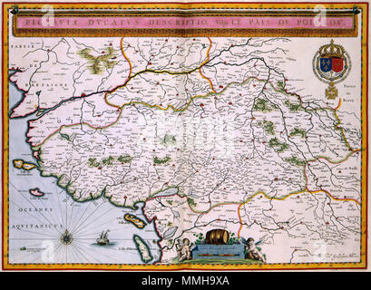 . Nederlands: Deze kaart van het graafschap Poitiers werd nel 1635 porta gepubliceerd Willem Jansz. Blaeu (1571-1638). Het karakter van het gebied als landstreek wordt door het wijnvat, boven de schaalstok tot uitdrukking gebracht. Inglese: questa mappa della contea di Poitiers è stato pubblicato nel 1635 da Willem Jansz. Blaeu (1571-1638). Il carattere del paese è stato rappresentato da botti di vino. PICTAVIAE DVCATVS DESCRIPTIO Vulgo LE PAIS DE POICTONS. 1635. Atlas Van der Hagen-KW1049B12 036-PICTAVIAE DVCATVS DESCRIPTIO Vulgo LE PAIS DE POICTONS Foto Stock