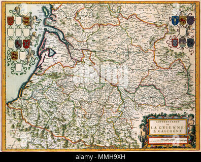 . Nederlands: Deze kaart van Zuid-west Frankrijk, die ook het gebied van Bordeaux omvat werd in 1662 opgenomen in Atlas Maior van Joan Blaeu (1598-1673). De afbeelding è gebaseerd op een kaart met dezelfde titel van de Franse kartograaf Nicolas Sanson (1600-1667) uit 1650. Inglese: Questa mappa di sud-ovest della Francia, compresa l'area di Bordeaux è stata inclusa nel 1662 in Atlas Maior da Joan Blaeu (1598-1673). L'immagine della mappa è stata basata su una mappa con lo stesso titolo da Nicolas Sanson (1600-1667) dal 1650. GOVVERNEMENT DE LA GVIENNE & GASCOGNE. 1662. Atlas Van der Hagen-KW1049B12 039-GOVVERNEMENT Foto Stock