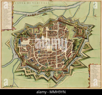 . Nederlands: Deze kaart van de stad Vercelli, volledig gebaseerd op Italiaanse bronnen, behoort tot het vijfde en laatste deel van het Italiaanse stedenboek van Joan Blaeu (1598-1673). Elk stedenboek era gewijd aan afzonderlijke regio. Porta Voorafgegaan stadsplattegronden probeerde Blaeu porta middel van stadsgezichten, architectuurtekeningen, afbeeldingen van sculpturen en allerlei andere illustraties een indruk van elke stad te geven. Het vijfde deel dat in 1682 posthuum verscheen era geheel gewijd aan de steden van de Savoye behandeld.; Linksboven rechtsonder en een Italiaanse verklaring v Foto Stock
