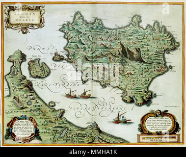 . Nederlands: Deze kaart van het Italiaanse eiland Ischia, vlak voor de kust bij Napoli, werd in 1640 porta Joan Blaeu (1598-1673) en Cornelio Blaeu (1610-1642) gepubliceerd in het derde deel van hun Atlas Novus. De kaart werd porta Blaeu gekopieerd naar een voorbeeld uit het kaartboek Italia van de Italiaanse kartograaf Giovanni Antonio Magini (1555-1617). Julius Jasolinus schreef de toelichtende tekst op de kaart. Inglese: la mappa dell'isola italiana di Ischia, vicino alla costa di Napoli, è stato pubblicato nel 1640 da Joan Blaeu (1598-1673) e Cornelio Blaeu (1610-1642) nel terzo volume della Foto Stock