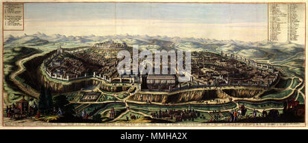 . Nederlands: Deel: 4; Linksboven een verklaring van de lettere (A-E). Rechtsboven een verklaring van de cijfers (1-52). Onderaan, over de gehele breedte van de kaart een latijnse verklaring van de cijfers (1-52) Panorama van] Ierusalem. Nederlands: vierde kwart 17de eeuw inglese: quarta parte del XVII secolo . Editore: Onbekend sconosciuto / Atlas Van der Hagen-KW1049B13 009-Panorama van- IERUSALEM Foto Stock