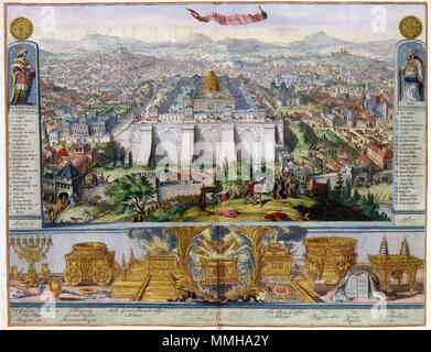 . Nederlands: Deze kaart van het oude Jeruzalem en het Joodse tempelcomplex in deze stad werd nel 1687 gepubliceerd. Omdat langs de onderzijde van de kaart de belangrijkste altaarstukken uit de tempel zijn afgebeeld, iets wat karakteristiek è voor bijbelkaarten, è de kaart vermoedelijk uit een Nederlandse bijbel afkomstig. Inglese: questa mappa della città vecchia di Gerusalemme e il tempio ebraico complesso della città è stata pubblicata nel 1687. La mappa è stata probabile incluso in un olandese la bibbia dato che i più importanti oggetti religiosi sono rappresentati lungo la parte inferiore della stampa, un aspetto caratteristico Foto Stock