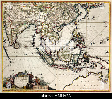 . Nederlands: Deze kaart van Zuid-Oost Azië werd porta uitgegeven Nicolaes Visscher II (1649-1702). De kaart toont het gehele handelsgebied van de Verenigde Oostindische Compagnie (VOC) Inglese: Questa mappa del sud-est asiatico è stato pubblicato da Nicolaes Visscher II (1649-1702). La mappa mostra il campo di commercio olandese di East India società (VOC). INDIAE ORIENTALIS, nec non INSULARUM ADIACENTIUM. dopo il 1681. Atlas Van der Hagen-KW1049B13 016-INDIAE ORIENTALIS, nec non INSULARUM ADIACENTIUM Foto Stock