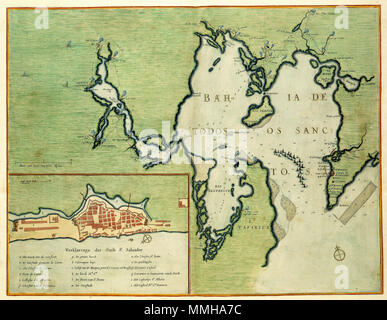 . Nederlands: Deel: 4; Linksonder een inzet met een plattegrond van San Salvador. Daaronder een Verklaringe der Stadt San Saluador BAHIA DE TODOS OS SANC- OT. Nederlands: vierde kwart 17de eeuw inglese: quarta parte del XVII secolo . Editore: Onbekend sconosciuto / Atlas Van der Hagen-KW1049B13 093-BAHIA DE TODOS OS SANC- TOS Foto Stock