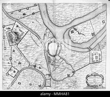 . Nederlands: Het thema van deze kaart è de belegering nel 1601 van de vesting Rheinberg aan de Rijn porta een Nederlandse legermacht onder aanvoering van Prins Maurits. Rondom de la maturazione zien noi de belegeringswerken en de legerkampen van de belegeraars. De kaart werd nel 1649 gepubliceerd in het eerste deel van het stedenboek van Joan Blaeu (1596-1673). Inglese: il tema di questa mappa è l assedio del 1601 della fortificazione Rheinberg presso il Reno da un esercito Olandese guidata dal principe Maurits. La fortezza è circondata da soldati dell esercito e macchine da assedio. La mappa è stata inclusa nel primo volume della Foto Stock