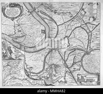 . Nederlands: De belegering van de Duitse vesting Rheinberg porta een Nederlandse legermacht onder Frederik Hendrik werd nel 1633 gekarteerd uitgegeven door de Nerlandse militaire ingenieurs Manteau Pieter van Dalem (1607-1688) en Giacobbe Culenburgh. De kaart werd nog in datzelfde jaart porta uitgegeven Claes Jansz. Visscher (1587-1652). Più tardi kwam de koperplaat in handen van Joan Blaeu (1596-1673) die hij nadat de naam van porta Visscher zijn eigen naam aveva vervangen, de kaart opnieuw afdrukte in het eerste deel van zijn stedenboek uit 1649. Linksonder een inzetkaart: Perfeckte Gelegentheyt tussch Foto Stock