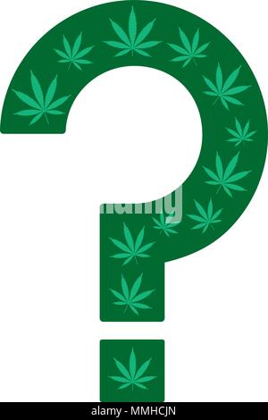 Domande di marijuana. Domanda fatta segnare da foglie di cannabis su uno sfondo bianco. Punto interrogativo come metafora di incertezza per uso medico e le Illustrazione Vettoriale