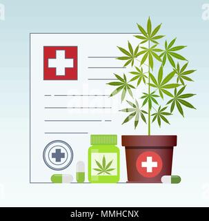Bottiglia con la marijuana medica e la cannabis medica pillole - marijuana compresse. La marijuana medica in campo sanitario una prescrizione per la marijuana medica. Ce Illustrazione Vettoriale