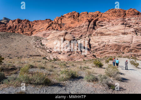 Parco i visitatori a piedi passato multi-colore di formazioni rocciose su Calico 1 trail nel Red Rock Canyon National Conservation Area al di fuori di Las Vegas, Nevada Foto Stock