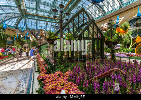 I turisti che visitano il Conservatory & Botanical Gardens di Bellagio nel Bellagio Luxury Resort and Casino sulla Las Vegas Strip a Paradise, Nevada Foto Stock