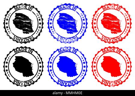 Realizzato in Tanzania - timbro di gomma - vettore, Tanzania mappa del modello - nero, blu e rosso Illustrazione Vettoriale