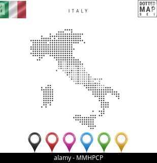 Vettore Mappa tratteggiata d'Italia. Semplice silhouette dell'Italia. La bandiera nazionale dell'Italia. Insieme multicolore i marcatori mappa Illustrazione Vettoriale