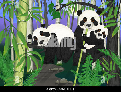 Una illustrazione di una famiglia di panda in una struttura ad albero nella giungla, mangiando bambù. Foto Stock